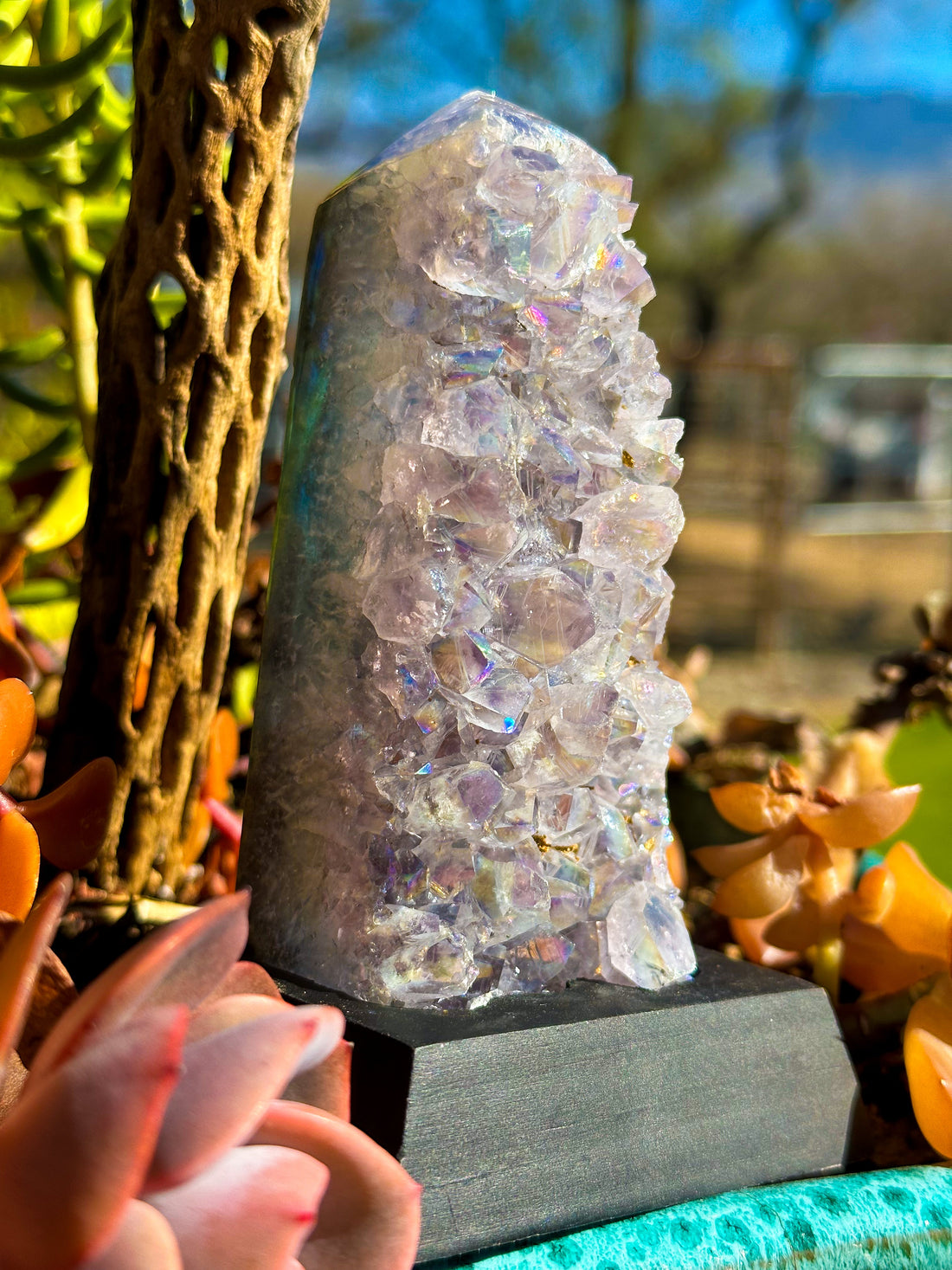Aura Amethyst Agate Obelisk on a Base