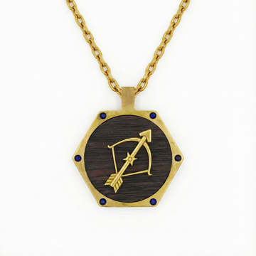The Sagittarius Explorer Hexagon Talisman | Solid Raw Brass & American Black Walnut & Lapis Lazuli | Wisdom & Adventure