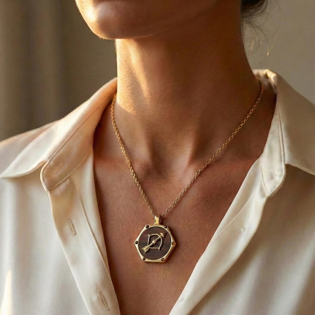 The Sagittarius Archer Hexagon Talisman | Solid Raw Brass & American Black Walnut & Tiger's Eye (Focus & Adventure)