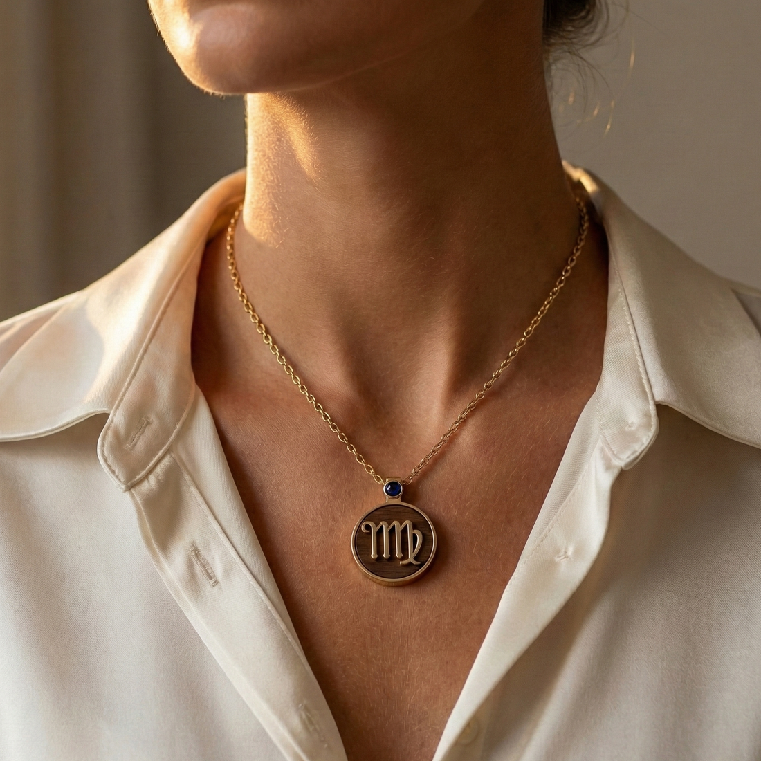 The Virgo Wisdom Medallion | Solid Raw Brass & American Black Walnut ｜Lapis Lazuli (Clarity & Intuition)